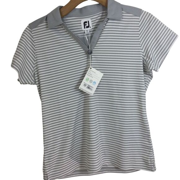 Footjoy Womens Tonal Stripe Lisle Open Collar Polo Golf Shirt Heather Grey M NWT - Picture 1 of 11